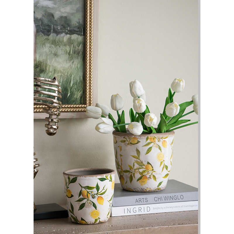 S/2 Matching Ceramic Planters With Yellow Lemon Motif