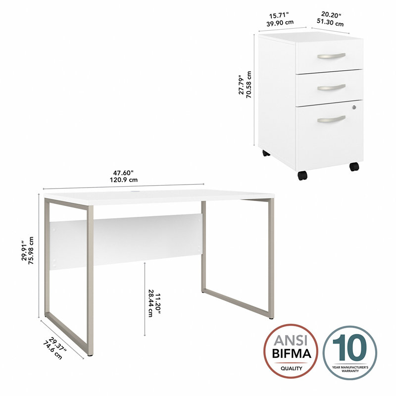 Desk And 3 Drawer Mobile Pedestal, 29.91" H x 47.6" W x 29.37" D, White