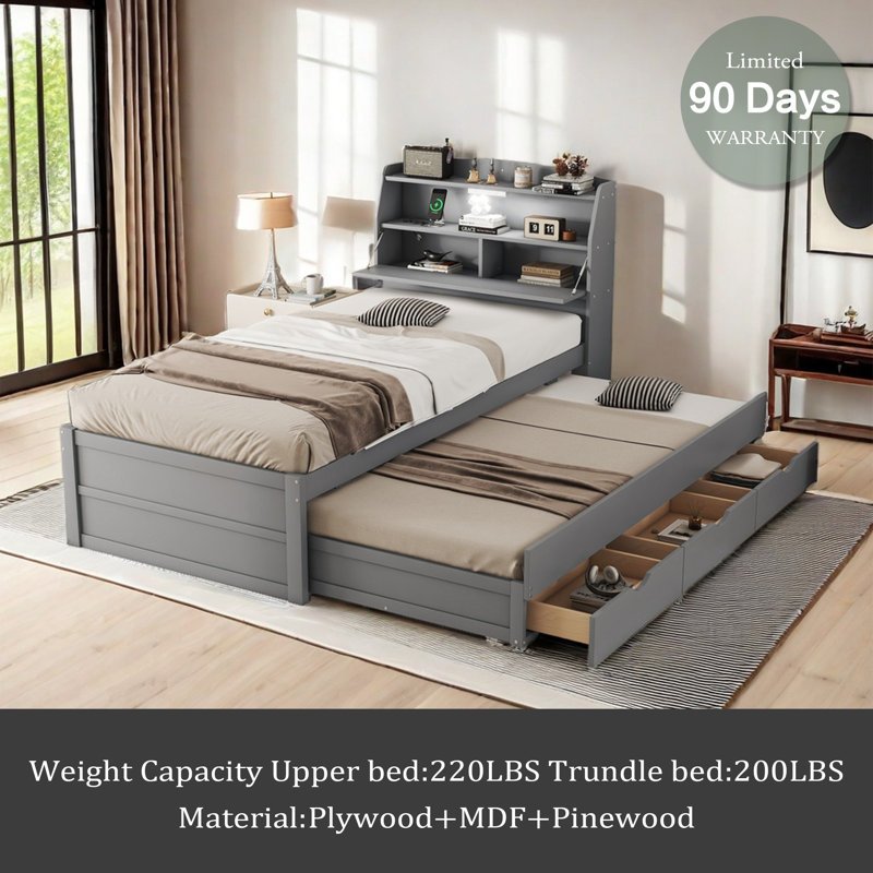 Wooden LED Platform Bed With Trundle, With Storage Headboard, With Drawers, Twin, Gray