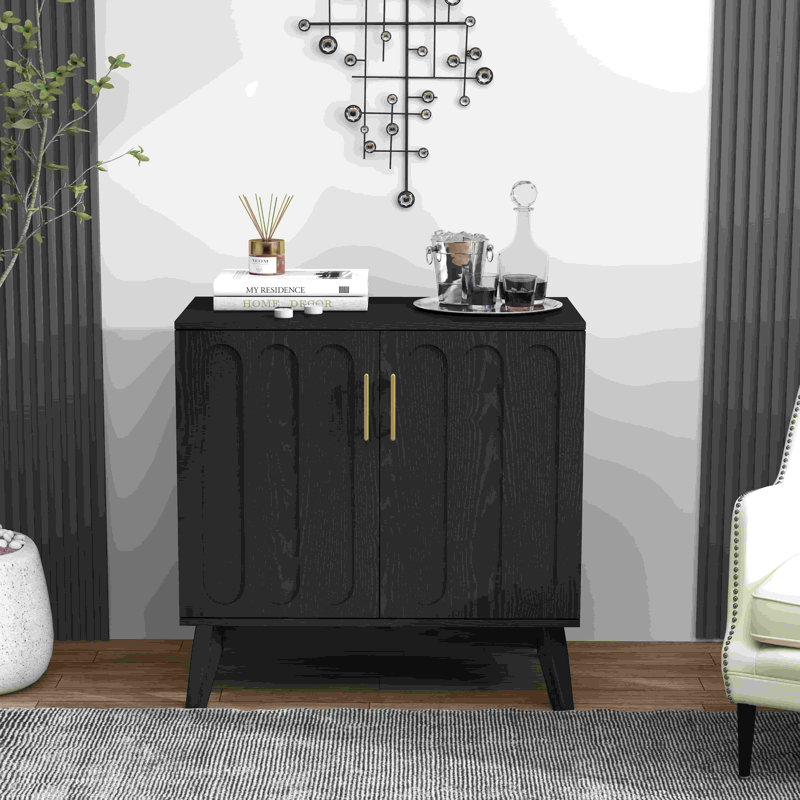 Buffet Mid-Century moderne cannelé avec tablettes réglables et pieds en bois massif avec armoire de rangement noire (P 15,8 po x l 31,5 po x H 31,5 po)