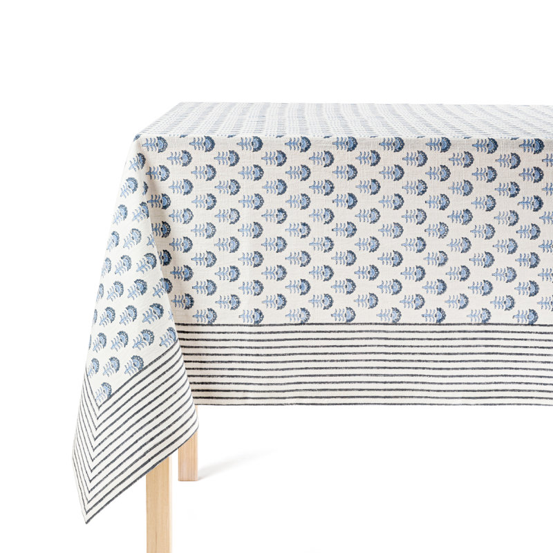 over&back Hand-Blocked Tablecloth, 70" W x 90" L, Blue Flower