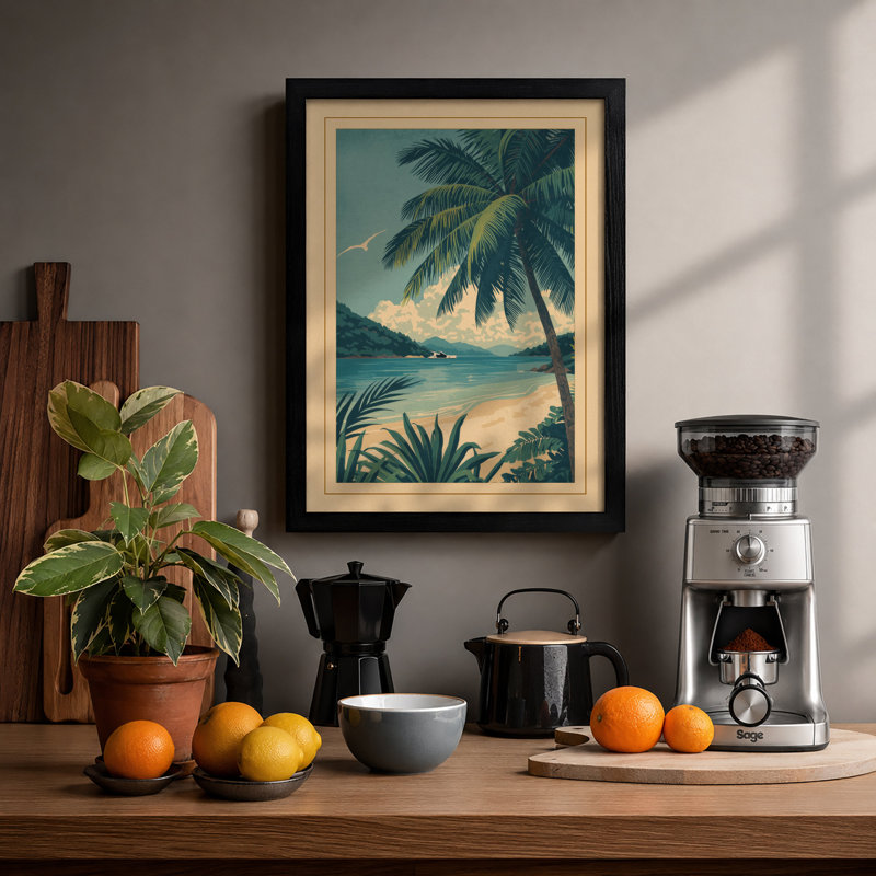 Tropical Beach Paradise Coastal - Framed Print, A2 - 59.4 x 42.0 cm, Black