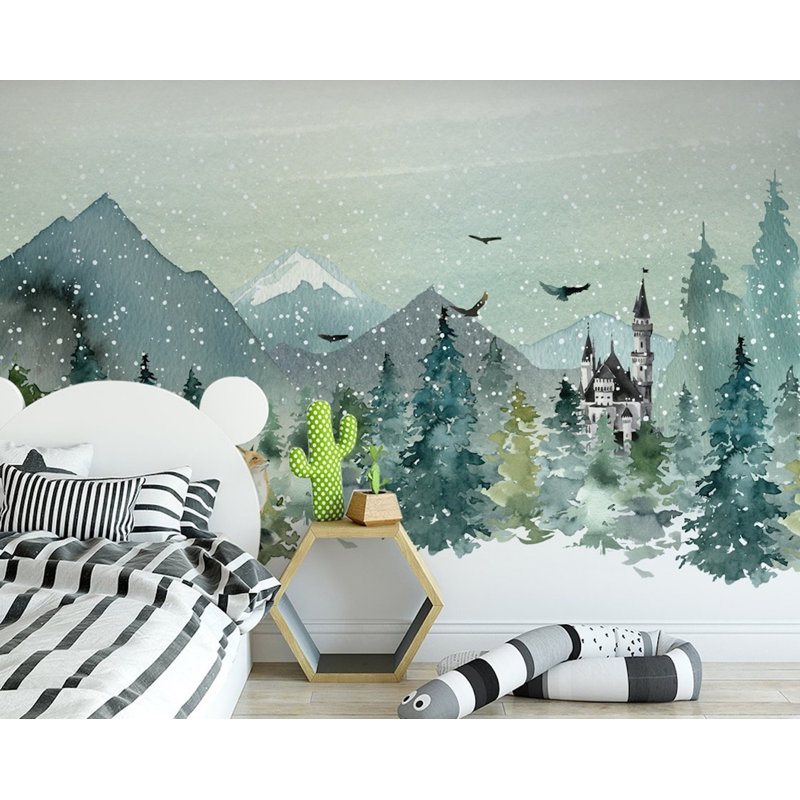 Neige, aquarelle, paysage d'hiver, renard, papier peint nordique amovible, L 9 po x l 15 po
