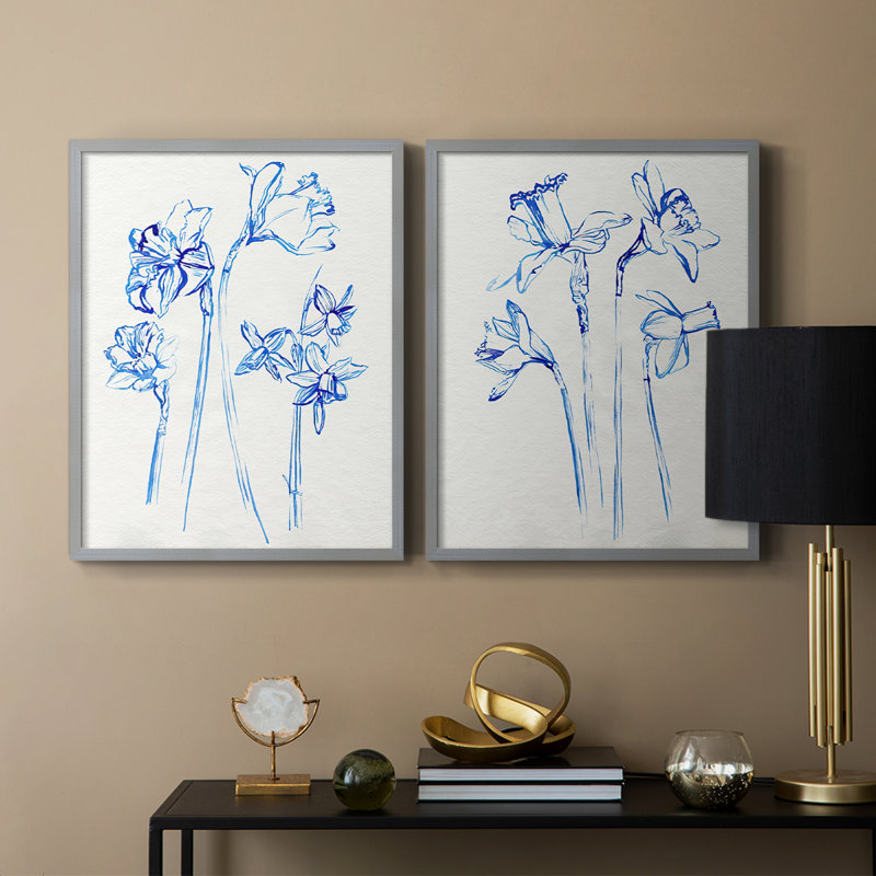 Inky Daffodils I - reproduction encadrée de qualité supérieure - prête à être accrochée - aucun clou requis - aucun clou requis