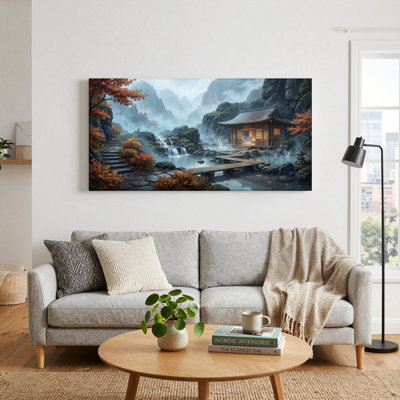 Ensemble de 1 tableau sur toile représentant un temple de montagne