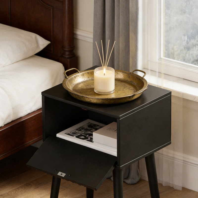 Ensemble de table de chevet Mid-Century moderne avec porte cannelée, pieds en bois massif et table d'appoint compacte