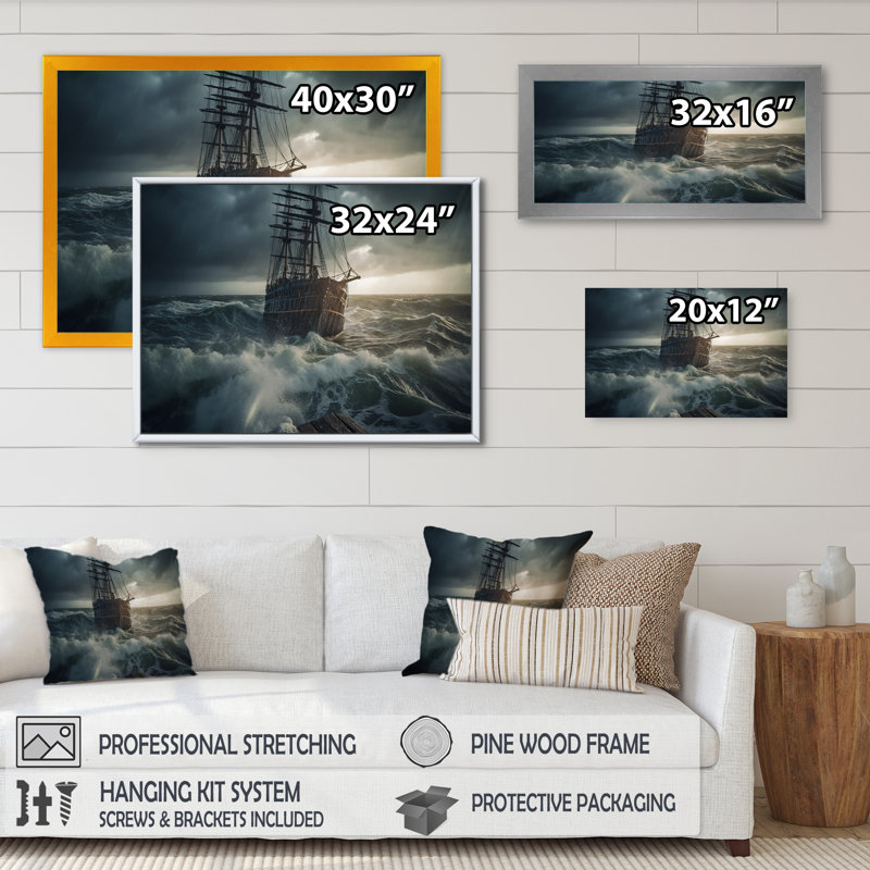 Navire au milieu d'une tempête II sur toile, H 34 po x l 44 po x P 1,5 po, Cadre photo noir