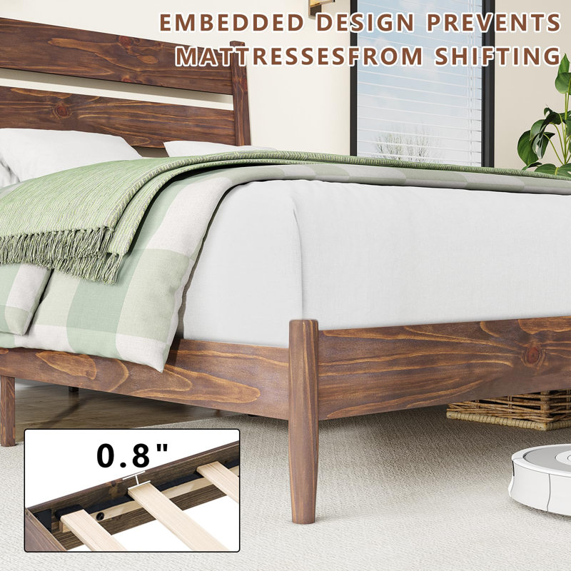 Base de lit en bois massif avec tête de lit ergonomique Flennory, Chocolat, Double
