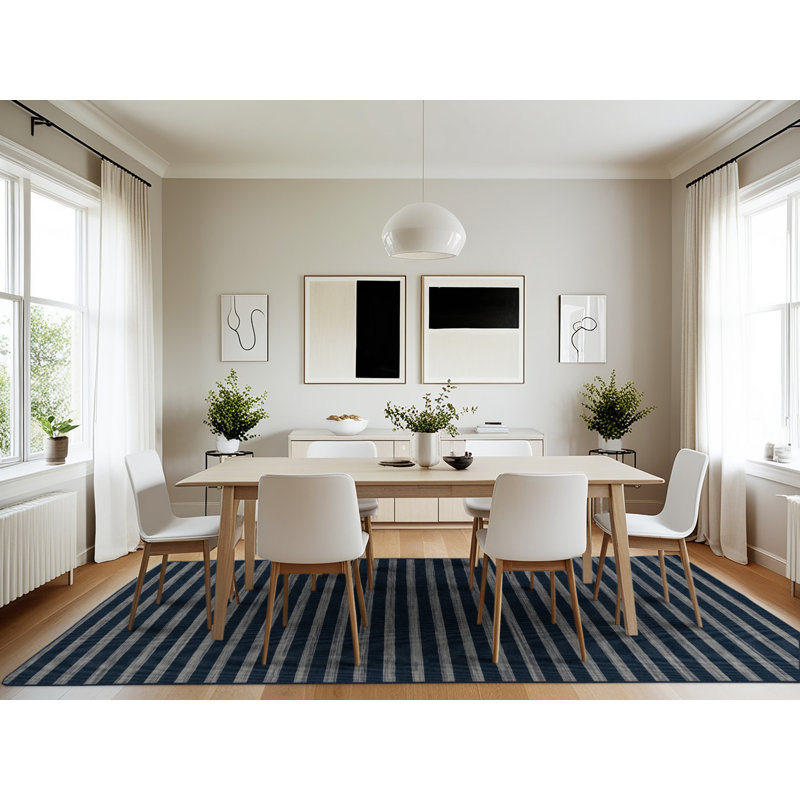 Tapis bleu à rayures horizontales lavable à la machine, Rectangle 7 pi x 10 pi