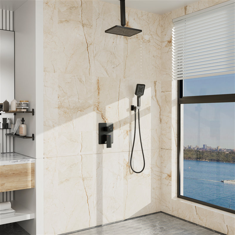 Systèmes de douche avec douche à effet pluie 14,2 po et douchette à main haute pression, Noir mat