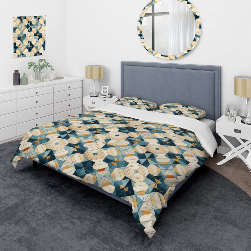 Natural Tones Grey And Beige Mosaic Geometric Shapes Duvet Cover, Twin Duvet Cover + 1 Standard Sham, Geometric Shapes 20