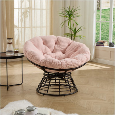 Confortable fauteuil ergonomique Papasan en osier, fauteuil pivotant à 360 ° pour l'intérieur et l'extérieur avec coussin épais et doux, idéal pour le salon, la chambre à coucher, la salle de lecture, structure brune et coussin bleu marine