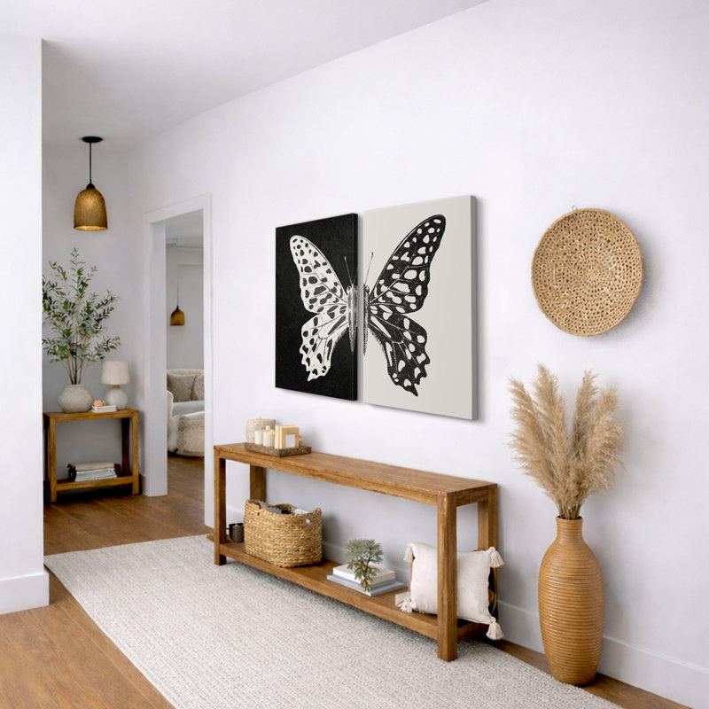 «Black and White Butterfly Animals», œuvre d'art neutre encadrée sur toile, 2 pièces, H 36 po x l 48 po, Toile tendue