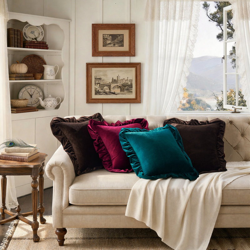 Housses de coussin décoratives luxueuses à volants en velours, pour canapé ou fauteuil., Square 18", Rouge