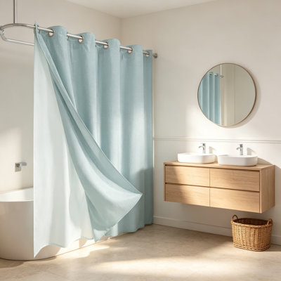 No Hook Shower Curtain Set with Snap-in Detachable Liner, Waffle Weave Fabric, Heavy Duty Water Repellent