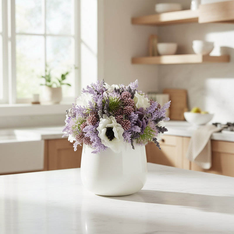 Anemone Centerpiece with Thistle and Berries, Round Tapered Cylinder Vase (Small)