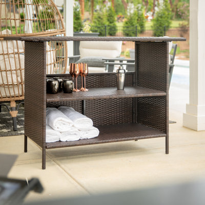 Rimah Rectangular Indoor/Outdoor Wicker Rattan Patio Bar Counter Table with Two Shelves