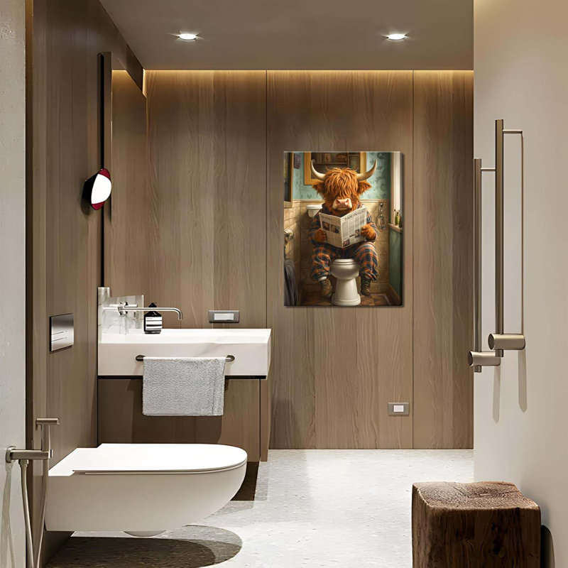 Funny Highland Cow Bathroom Art – Toilet Reading Canvas – Steampunk Wall Decor, 40 cm H x 30 cm W