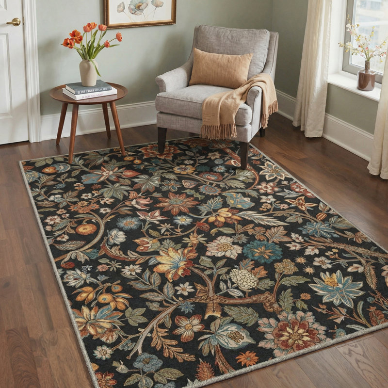 Tapis noir / vert à motif floral lavable à la machine avec envers antidérapant Aazad, Rectangle 5 pi x 7 pi