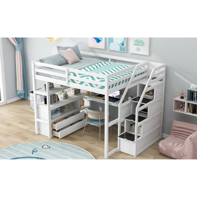 Lit mezzanine double avec bureau, tablettes et rangement Progress - blanc