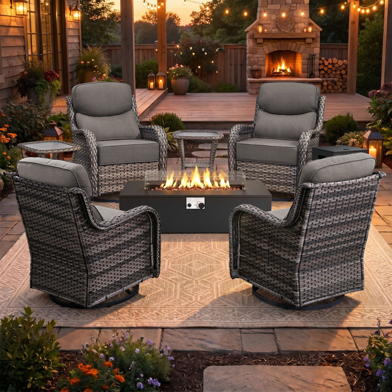 Ensemble de 7 chaises pivotantes d'extérieur en résine tressée avec coussins de 15 cm et table de foyer divisée, Gris, Grey