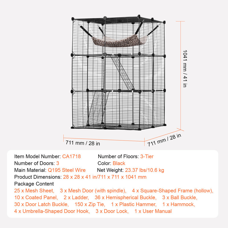 Grande cage à chat à 3 niveaux, 71 x 71 x 104 cm, avec grand hamac, 2 rampes et échelles. Enclos pour chat robuste en fil de fer détachable (à monter soi-même). Facile à assembler. Couleur : noir. Convient aux chats d'intérieur et d'extérieur.