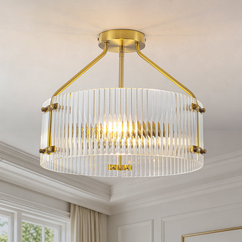 Plafonnier semi-encastré 3 lumières en verre nervuré moderne, Brushed Gold