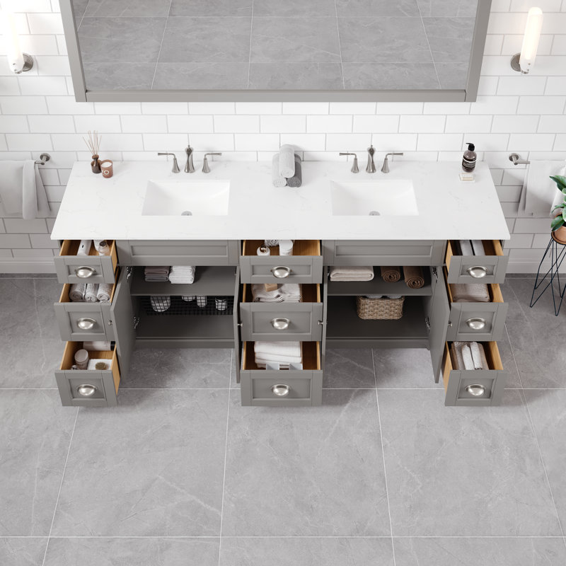 Épique 84 po Meuble-lavabo double gris avec comptoir en quartz de Carrare et lavabos en porcelaine encastrés