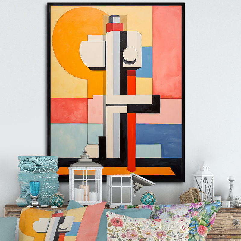 «Pastle De Stijl Industrial Geyser I», reproductions d'art mural abstraites, Cadre flottant noir, H 32 po x l 16 po