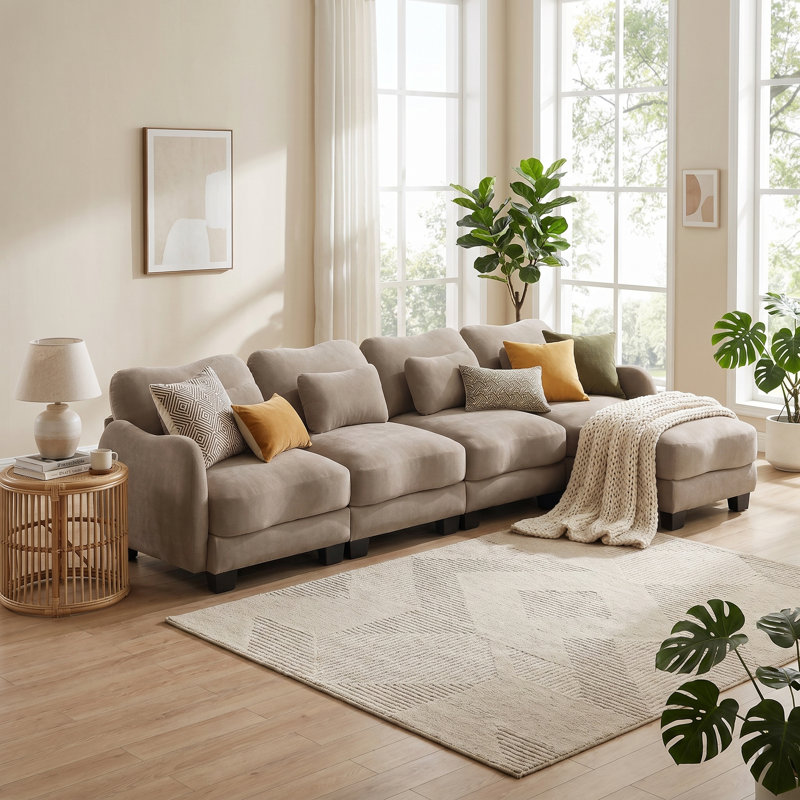 Canapé modulaire en L surdimensionné en chenille, canapé modulaire à 4 places avec 4 coussins de taille et 1 repose-pieds mobile, conception incurvée ergonomique, confort en forme de nuage pour le salon, le bureau