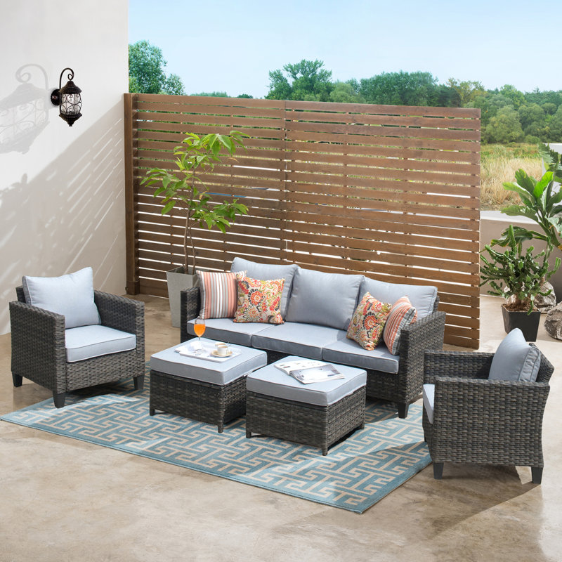 Amerissa Rattan Sectional Seating Group with Cushions, Light Gray