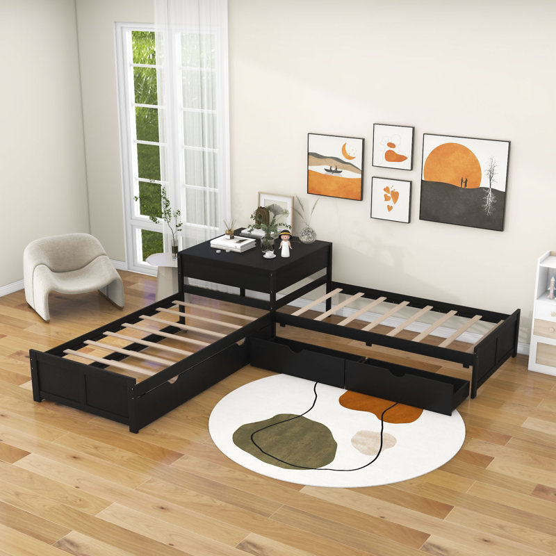Twin Size 2 Drawers L-shaped Platform Beds with Trundle and Built-in Table, Espresso