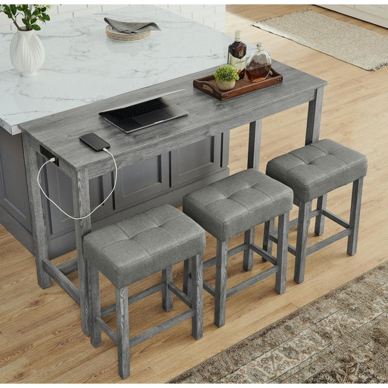 59-Inch Multifunctional Bar/Dining/Sofa Table Set Built-in 2 AC Outlets + 2 USB Ports 3 Linen-Upholstered Stools 4-Piece Set for Living Room, Dining & Kitchen 250lbs Weight Capacity per Stool
