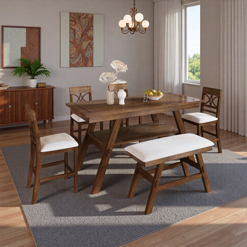 Ensemble de table de salle à manger 6 pièces à hauteur de comptoir en bois avec tablette de rangement, ensemble de table de cuisine avec banc et 4 chaises, style rustique