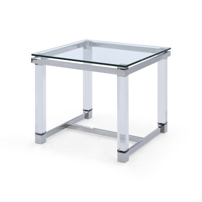 Table de bout en tréteaux avec plateau en verre