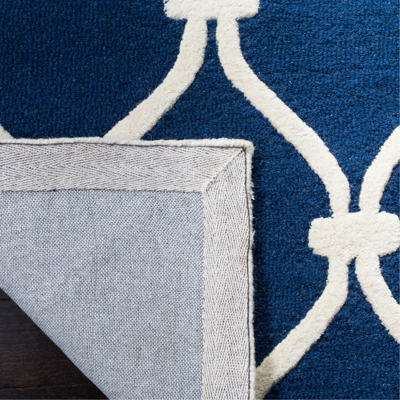 Erol   Geometric Handmade Tufted Wool Navy/Ivory Area Rug, Rectangle 3' x 5'