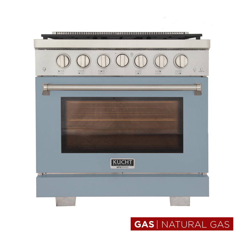 36 in. 5.2 cu. ft. Natural Gas Range and Convection Oven in Black with True Simmer Burners, Natural Gas, Light Blue