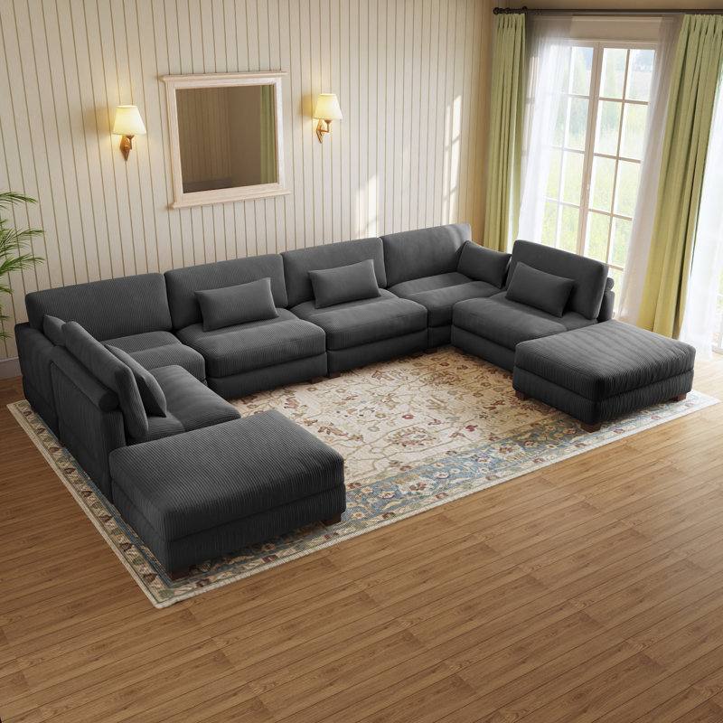 Maelina 8-Piece Corduroy Modular Sectional with 2 Ottomans, Gray Corduroy