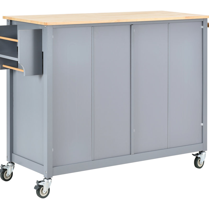 Kitchen Island Cart In Blue With Strong Solid Wood Platform Top, 4 Door Cabinet, 2 Drawers, Spice & Towel Rack, Locking Wheels Top Lockable Wheels, Rack 