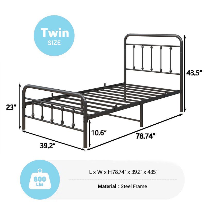 Base de lit en métal Blancha avec tête de lit rétro, aucun sommier nécessaire, Lit simple