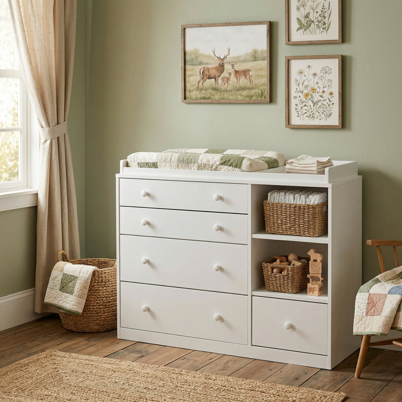 Mamie 5-Drawer White Baby Changing Table Dresser – Convertible Nursery Dresser