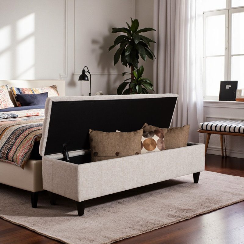 Banc de rangement avec repose-pieds en tissu beige capitonné Seline, H 15,16 po x l 47,87 po x P 15,82 po Seline