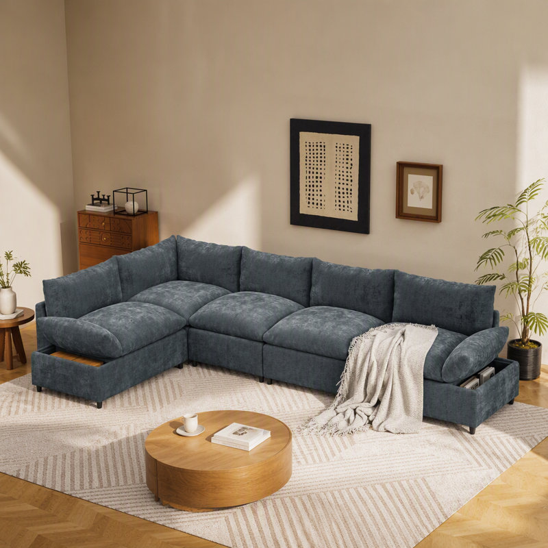 Canapé modulaire moderne de 115,5 po avec revêtement en polyester durable et compartiments de rangement cachés
