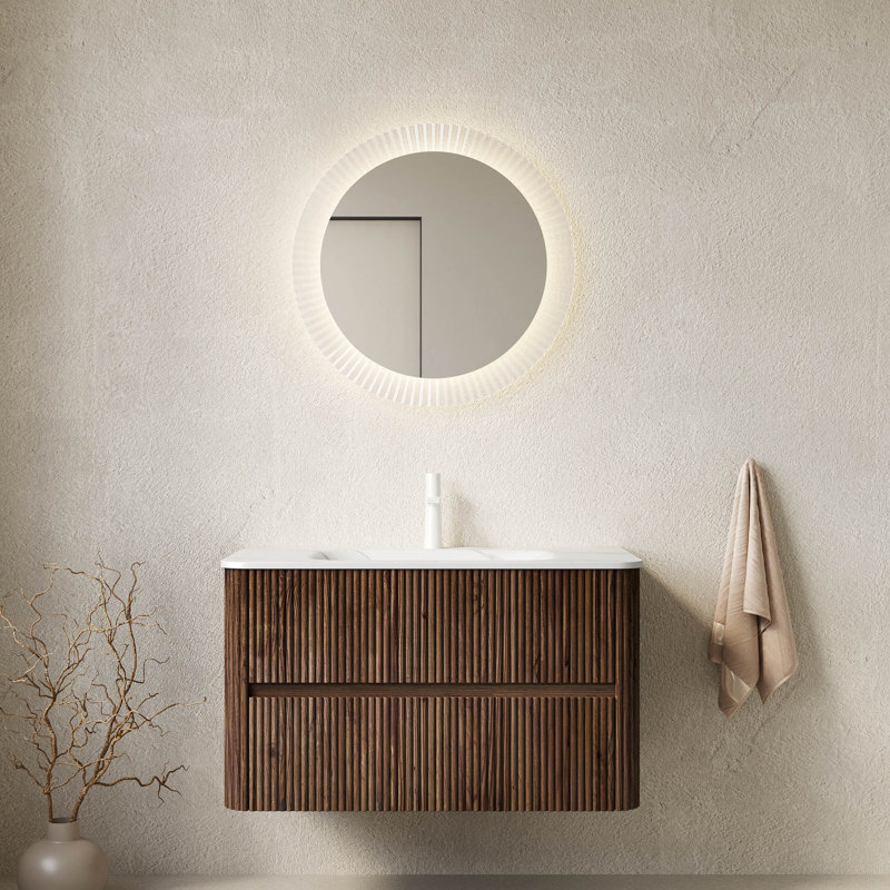Meuble-lavabo 36 po, armoire de rangement en contreplaqué à rayures flottantes avec 2 tiroirs, vasque rectangulaire intégrée en pierre frittée intégrée, pré-assemblée