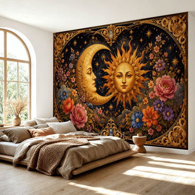 Wall Mural Peel and Stick Wallpaper Sun Moon Celestial Vintage Boho Decorative Astrology Aesthetic Face Self-Adhesive Removable Contact Paper Wall Decor for Living Room Bedroom 69"H x 96"W