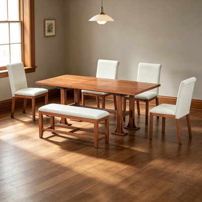 Farmhouse 76inch 6-Piece Extendable Dining Table Set Trestle Kitchen Table Set with 18inch Removable Leaf and Upholstered Dining Chair and Bench for D