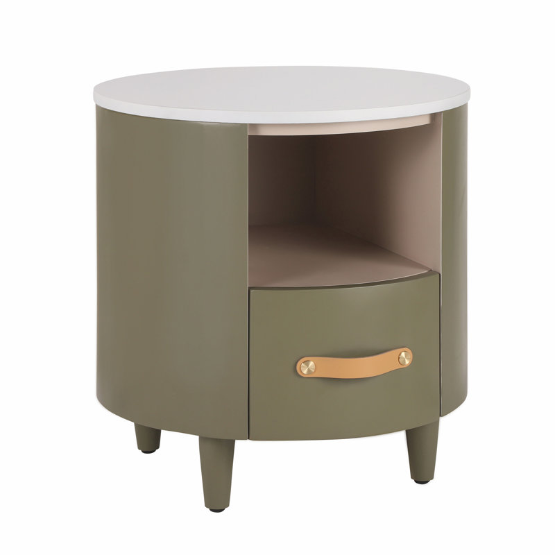 Table de bout ronde contemporaine avec tiroir et rangement ouvert, Vert