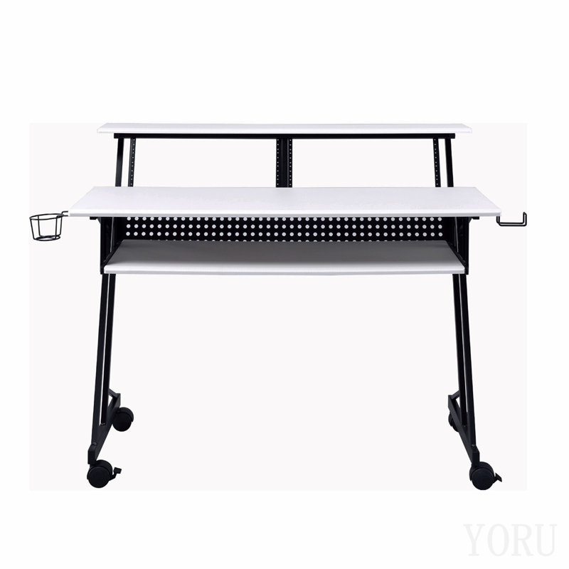 Music Recording Studio Desk With Keyboard Tray, White And Black