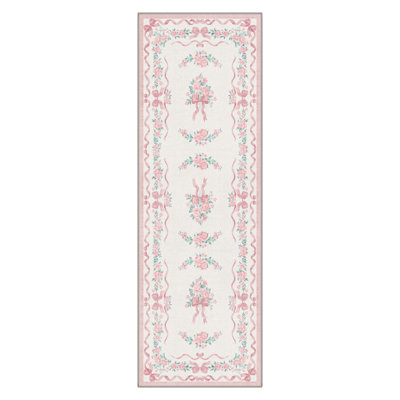 Rosette Floral Machine Washable Rose / Blush Indoor Area Rug With Non-Slip Backing