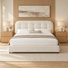 Ensemble de chambre à coucher 3 pièces, lit plateforme tapissier Boucle avec tête de lit capitonnée arrondie et 2 tables de chevet modernes à 2 tiroirs, finition bois de chêne naturel